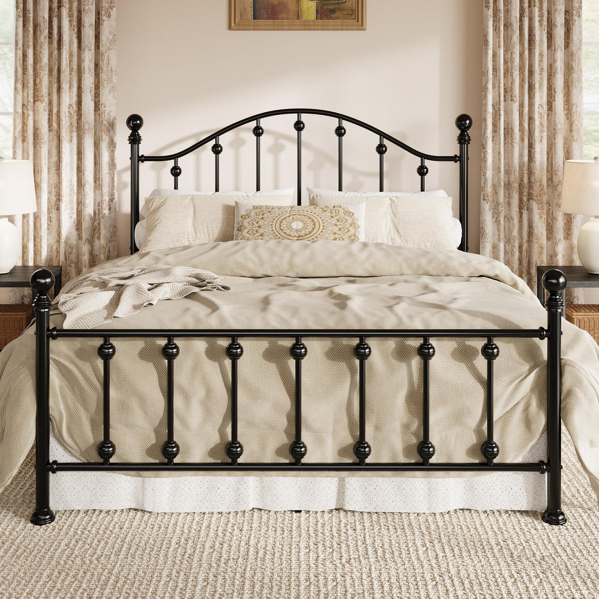 Queen Metal Bed Frame with Victorian Headboard and Footboard Black C619